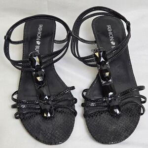 Y2K Fashion Bug Jewel Embellished T-strap Sandals, Black, Women's Size 6.5M